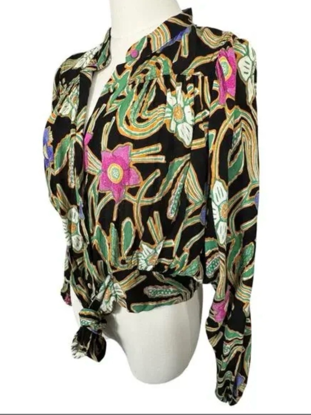 Rachel Zoe Black Tropical Floral Tie-Front Blouse with Pink & Green Accents